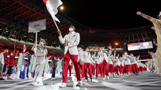 Rui Hachimura leads Japan through Olympic Stadium in the Parade of Nations.