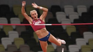 U.S.'s Katie Nageotte competes in the women's pole vault finals at the 2020 Tokyo Olympic Games.