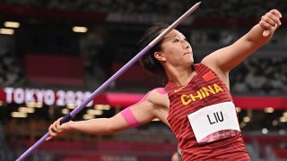 Liu Shiying competes in the women's javelin throw final at the 2020 Tokyo Olympic Games.
