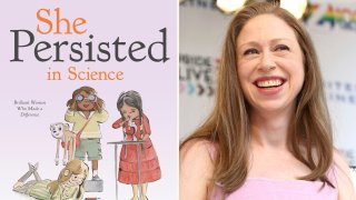 This combination photo shows the cover image for "She Persisted in Science: Brilliant Women Who Made a Difference" by Chelsea Clinton, left, and Clinton