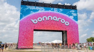 FILE - The new Bonnaroo arch appears at the Bonnaroo Music and Arts Festival on June 16, 2019, in Manchester, Tenn. Heavy rains from Hurricane Ida have forced Bonnaroo to cancel as organizer say the waterlogged festival grounds are unsafe for driving or camping. On social media, the festival said on Tuesday, Aug. 31, 2021, that tremendous rainfall over the last 24 hours, remnants of Ida’s powerful winds and rain, have saturated the paths and camping areas.
