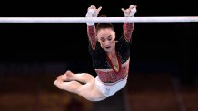 Belgium's Nina Derwael competes in the artistic gymnastics women's uneven bars final of the Tokyo 2020 Olympic Games at the Ariake Gymnastics Centre in Tokyo on Aug. 1, 2021. Derwael took home gold for the category.