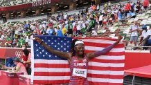 The United State's Brittney Reese celebrates after competing in the women's long jump final during the Tokyo 2020 Olympic Games at the Olympic Stadium in Tokyo, Japan on Aug. 3, 2021.