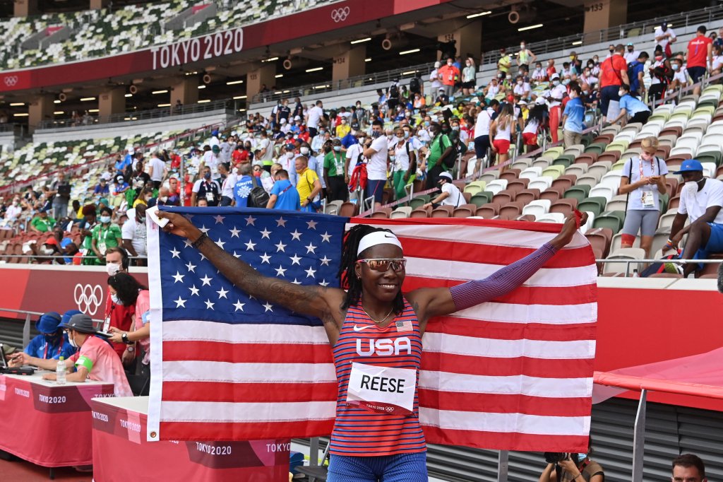 The United State's Brittney Reese celebrates after competing in the women's long jump final during the Tokyo 2020 Olympic Games at the Olympic Stadium in Tokyo, Japan on Aug. 3, 2021.