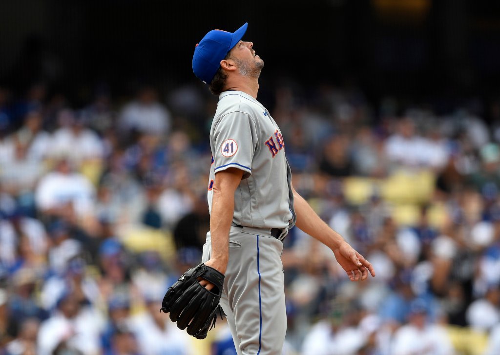 Marcus Stroman of the New York Mets reacts after striking out Trea