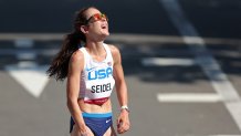 Molly Seidel of Team United States reacts after winning the bronze medal in the Women's Marathon Final on day 15 of the Tokyo 2020 Olympic Games at Kasumigaseki Country Club on Aug. 7, 2021, in Kawagoe, Japan.