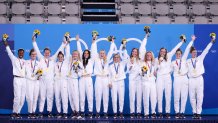 Team USA gold medalists pose on the podium after winning the Women's Gold Medal match between Spain and the United States on day fifteen of the Tokyo 2020 Olympic Games at Tatsumi Water Polo Centre on Aug. 7, 2021 in Tokyo, Japan.