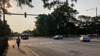 FILE - In this Aug. 10, 2021, file photo, a pedestrian walks with a dog at the intersection of South Stony Island Avenue and East 63rd Street where the ShotSpotter technology is in use above the crossroads.