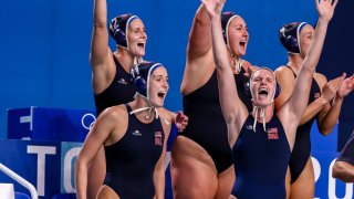 Alys Williams, Makenzie Fischer, Stephania Haralabidis, Melissa Seidemann, Amanda Longan during the Tokyo 2020 Olympic Waterpolo Tournament Women's Gold Medal match