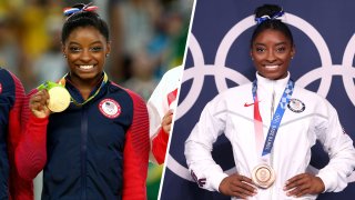 Simone Biles poses with her gold medal for her floor performance during the Rio 2016 Olympics, left, and her bronze in balance beam, right, during the Tokyo Olympics on Aug. 3, 2021.