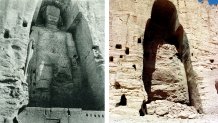 A giant statue of the Buddha, carved onto the side of a cliff in the Bamyan Valley, Afghanistan, between 591 and 644 B.C. (left) was destroyed on April 11, 2001 by the Taliban to global outcry (right). The statue was one of two Buddha statues detonated to follow the fundamental Islamic principal that forbids showing the human body in art.