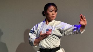 Martial artist Sakura Kokumai performs during a Panasonic press event for CES 2020 at the Mandalay Bay Convention Center on January 6, 2020 in Las Vegas, Nevada