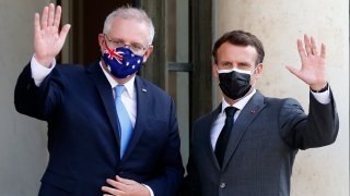 PARIS, FRANCE – JUNE 15: French President Emmanuel Macron (R) welcomes Australian Prime Minister, Scott Morrison (L) prior to a working dinner at the Elysee Presidential Palace on June 15, 2021.