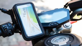 Smartphone mounted on a motorcycle's handlebars
