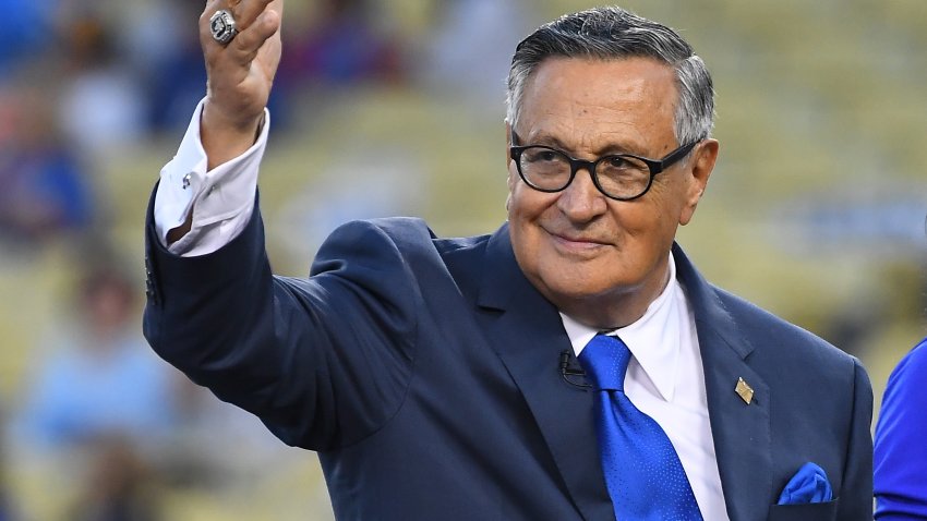 LOS ANGELES, CA – SEPTEMBER 21:  Longtime Los Angeles Dodgers broadcaster Jaime Jarrin acknowledges the crowd after being inducted into the Dodger Stadium Ring of Honor the game against the San Diego Paders at Dodger Stadium on September 2, 2018 in Los Angeles, California.  (Photo by Jayne Kamin-Oncea/Getty Images)