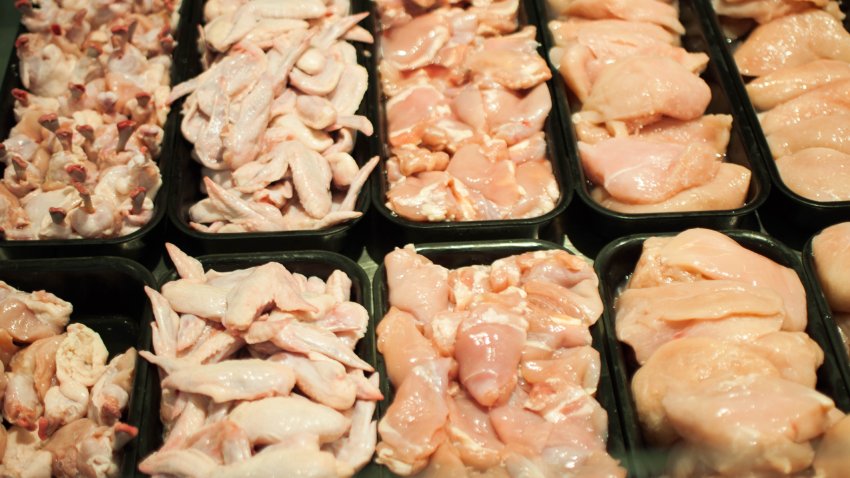 A close-up view of raw chicken parts in the supermarket