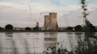 Cooling towers at the Tricastin Evolutionary Power Reactor nuclear power plant in France.