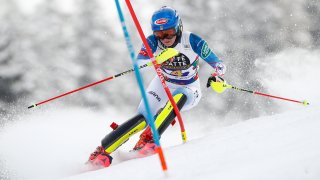 United States' Mikaela Shiffrin speeds down the course during an alpine ski, women's World Cup slalom in Lenzerheide, Switzerland, Saturday, March 20, 2021.