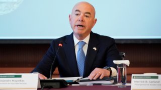 Secretary of Homeland Security Alejandro Mayorkas speaks during a U.S.-Mexico High Level Security Dialogue at the Mexican Ministry of Foreign Affairs, Friday, Oct. 8, 2021, in Mexico City.
