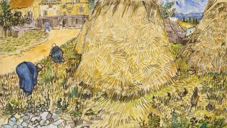 This image, provided by Christie's, shows Vincent van Gogh's 1888 work "Wheatstacks," to be offered in the dedicated sale "The Cox Collection: The Story of Impressionism," in New York, Nov. 11, 2021. The watercolor, seized by the Nazis during World War II is estimated at $20-million to $30-million.