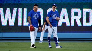 Los Angeles Dodgers and the St. Louis Cardinals during a workout day before the National League Wildcard game at Dodger Stadium in Los Angeles.