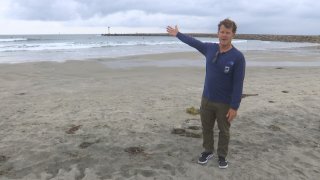 Man on beach pointing at ocean