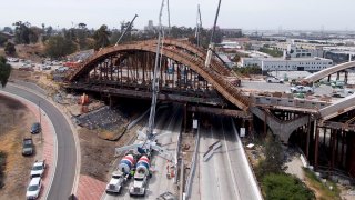 An aerial view of the Sixth Street Viaduct project construction site.