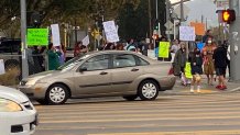 One of many walkouts across the state of California, teachers and parents protest COVID-19 vaccine mandates in Van Nuys on Oct. 18, 2021.