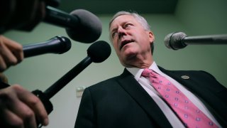Rep. Mark Meadows (R-NC) talks with reporters in the Rayburn House Office Building on Capitol Hill October 19, 2018 in Washington, DC.