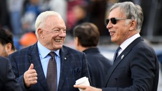 File photo: Dallas Cowboys owner Jerry Jones, left, with Los Angeles Rams owner Stan Kronke prior to a NFL playoff football game at the Los Angeles Memorial Coliseum on Saturday, January 12, 2018 in Los Angeles, California.