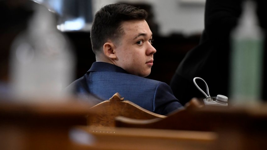 Kyle Rittenhouse looks back before his trial starts at the Kenosha County Courthouse on Nov. 8, 2021 in Kenosha, Wisconsin.