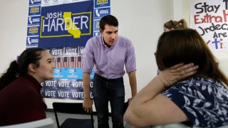 FILE – Democrat Josh Harder, then a candidate for California’s 10th Congressional District, talks with supporters Rebecca, left, and Michelle Tennell, right, in Modesto, Calif., Thursday, Oct. 25, 2018. Harder, who won the seat in 2018 and 2020, could face a challenging re-election in 2022, due to redistricting. Draft maps released by the California Citizens Redistricting Commission Wednesday, Nov. 10, 2021, show his Central Valley district redrawn to heavily favor Republicans. (AP Photo/Rich Pedroncelli, File)