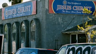 The front of the Kingdom of Jesus Christ Church is seen in the Van Nuys section of Los Angeles.