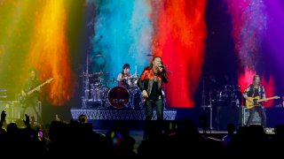 LAS VEGAS, NEVADA – SEPTEMBER 14: (L-R) Bassist Juan Calleros, drummer Alex Gonzalez, singer Fher Olvera and guitarist Sergio Vallin of Mana perform at MGM Grand Garden Arena on September 14, 2019 in Las Vegas, Nevada. (Photo by Gabe Ginsberg/Getty Images)