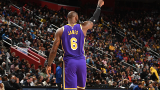 LeBron James #6 of the Los Angeles Lakers looks on during the game against the Detroit Pistons on November 21, 2021 at Little Caesars Arena in Detroit, Michigan.