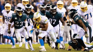Nov 7, 2021; Philadelphia, Pennsylvania, USA; Los Angeles Chargers running back Austin Ekeler (30) runs with the ball during the fourth quarter against the Philadelphia Eagles at Lincoln Financial Field. Mandatory Credit: Bill Streicher-USA TODAY Sports
