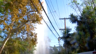 Water gushed from a damaged hydrant in West Los Angeles .