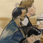 R. Kelly, left, listens during his trial in New York, Aug. 26, 2021 as seen in this court sketch.