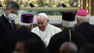 In this photo, Pope Francis attends a meeting with members of the religious community at the Cathedral of Saint Dionysius in Athens, Greece, Saturday, Dec. 4, 2021.