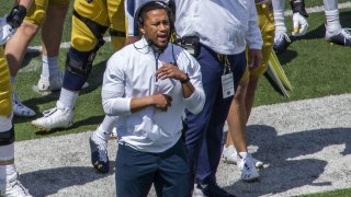 FILE - Notre Dame defensive coordinator Marcus Freeman is shown during the Blue-Gold NCAA spring football game in South Bend, Ind., in this Saturday, May 1, 2021, file photo. Marcus Freeman believes the best thing he can do as Notre Dame’s new defensive coordinator is to get out of the way of his players. “This is theirs. They built this. I’m the new guy,” said the 35-year-old Freeman, who seven months ago was picked by coach Brian Kelly to replace Clark Lea after Notre Dame finished 10-2 and ranked No. 5.