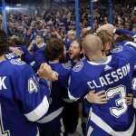 The Tampa Bay Lightning celebrate after defeating the Montreal Canadiens 1-0 in Game Five to win the 2021 NHL Stanley Cup Final at Amalie Arena on July 7, 2021 in Tampa, Florida.