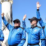 Blue Origin vice president of mission and flight operations Audrey Powers, Star Trek actor William Shatner, Planet Labs co-founder Chris Boshuizen and Medidata Solutions co-founder Glen de Vries wave during a media availability on the landing pad of Blue Origin’s New Shepard after they flew into space on Oct. 13, 2021 near Van Horn, Texas. Shatner became the oldest person to fly into space on the ten minute flight.