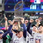 Manager Brian Snitker of the Atlanta Braves hoists the commissioner's trophy following the team's 7-0 victory against the Houston Astros in Game Six to win the 2021 World Series at Minute Maid Park, Nov. 2, 2021, in Houston, Texas.