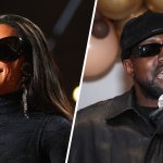 Left: Kim Kardashian West accepts the Fashion Icon of 2021 award during the People's Choice Awards, Dec. 7, 2021, in Santa Monica, California. Right: Kanye West speaks at the Los Angeles Mission's annual Thanksgiving event, Nov. 24, 2021, in Los Angeles, California.