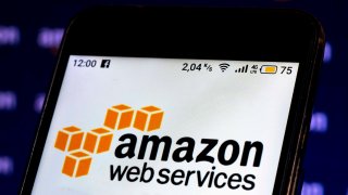 Amazon Web Services logo displayed on a smartphone screen.