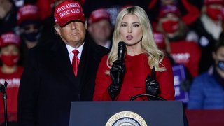 In this Nov. 2, 2020 file photo, Ivanka Trump speaks at a campaign event while her father, President Donald Trump, watches in Kenosha, Wis. New York's attorney general has sent a subpoena to the Trump Organization for records related to consulting fees paid to Ivanka Trump as part of a broad civil investigation into the president's business dealings, a law enforcement official said Thursday, Nov. 19, 2020.