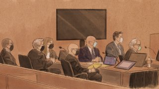 In this courtroom sketch, from left, former Minneapolis police Officer Tou Thou, attorney Robert Paule, attorney Natalie Paule, attorney Tom Punkett, former Minneapolis police Officer J. Alexander Keung, Minneapolis police Officer Thomas Land and attorney Earl Grey appear for opening statements for their trial in the killing of George Floyd in federal court on Monday, Jan. 24, 2022, in St. Paul, Minn. Floyd died May 25, 2020, after Officer Derek Chauvin pressed his knee against his neck as Floyd, who was handcuffed, said he couldn't breathe.