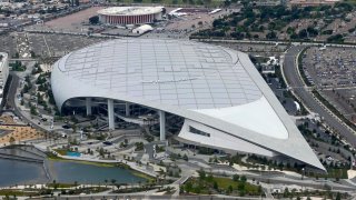 An aerial view of SoFi Stadium.