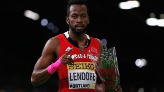 Bronze medallist Deon Lendore of Trinidad and Tobago celebrates after the Men's 400 Metres Final during day three of the IAAF World Indoor Championships at Oregon Convention Center on March 19, 2016 in Portland, Oregon.