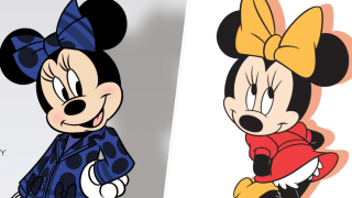 Minnie Mouse in her blue Stella McCartney pantsuit (Left) and her classic red dress (Right).